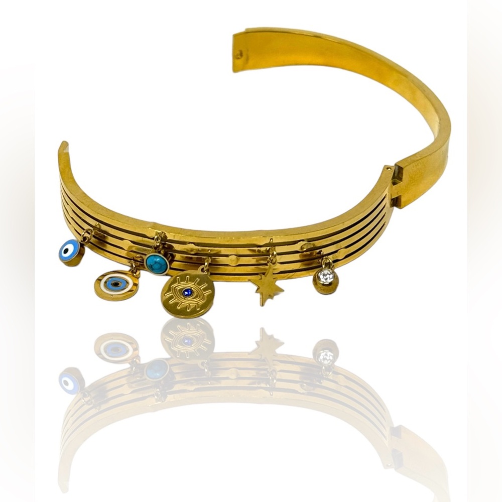 🛍️SALE🛍️ Stainless Steel Gold Color Plated Turkish Evil Eye Charms Bangle - Picture 4 of 7